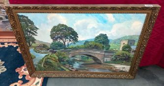 A gilt framed oil on board of country & bridge by Walter Horsmett COLLECT ONLY