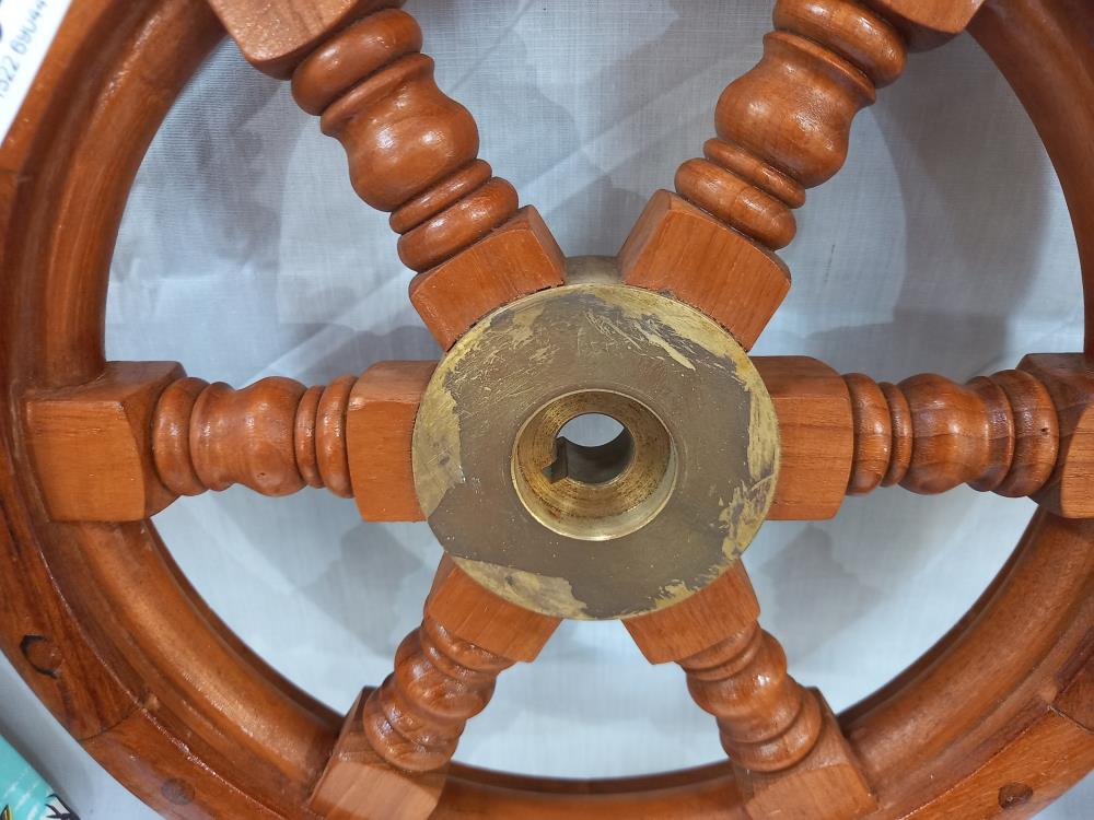 A wooden ships wheel with brass hub COLLECT ONLY - Image 2 of 2