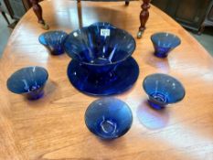 A blue art glass fruit & bowl set