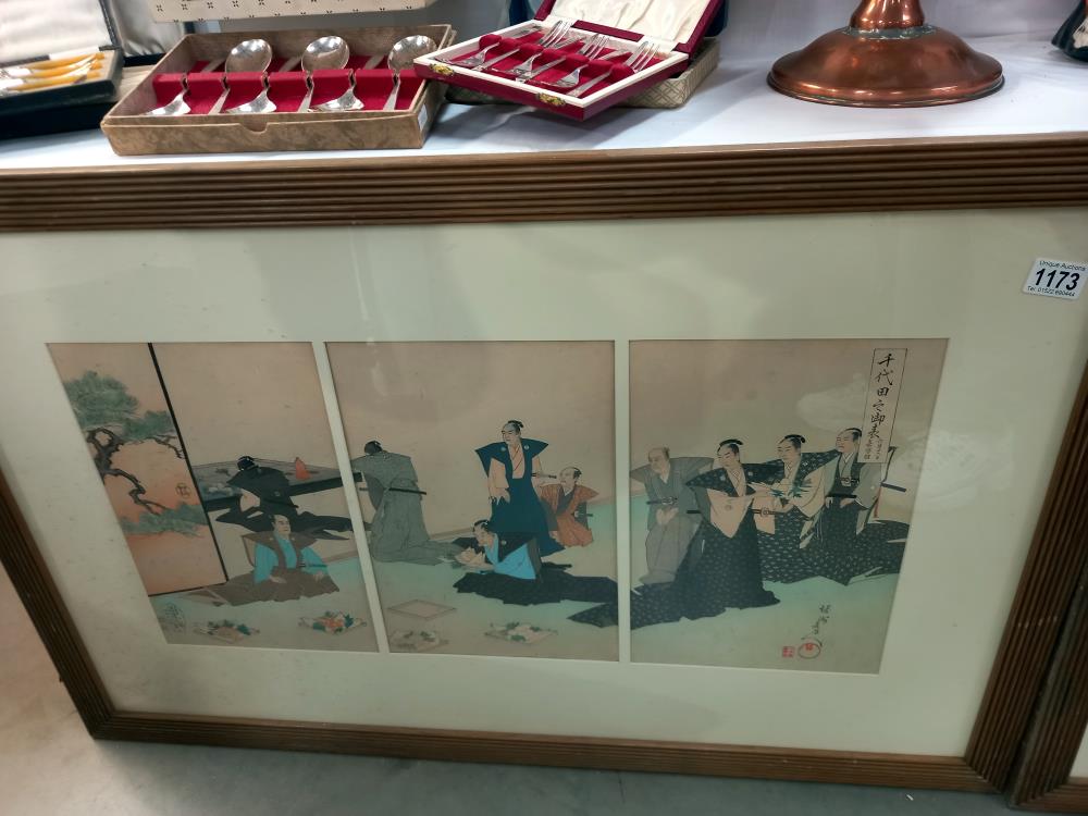 2 framed & glazed Japanese triptych pictures COLLECT ONLY - Image 2 of 3