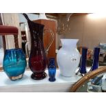 A Victorian hand painted blue glass vase, a pair of vintage spill vases & 3 coloured art glass vases