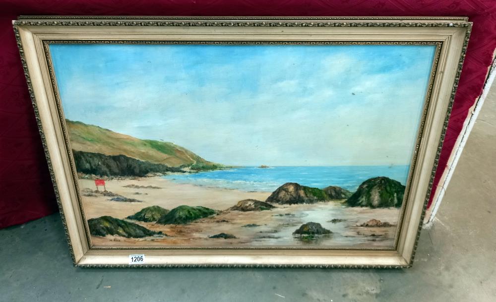 A large vintage oil on board of a beach scene signed M. Parr COLLECT ONLY