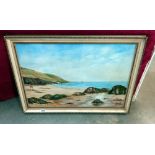 A large vintage oil on board of a beach scene signed M. Parr COLLECT ONLY