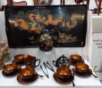 A Chinese lacquer ware tea set & tray COLLECT ONLY