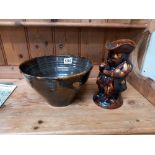 A 19th century treacle glazed Toby jug with lid & a large bowl COLLECT ONLY.