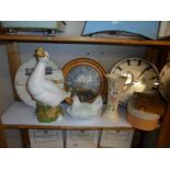 Three modern wall clocks, a hen dish, a duck figure etc., COLLECT ONLY.