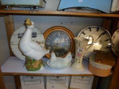 Three modern wall clocks, a hen dish, a duck figure etc., COLLECT ONLY.