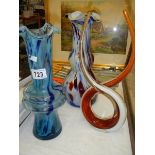 A studio glass ornament and two end of day glass vases, COLLECT ONLY.