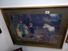 A framed and glazed Pear's style print feat. children with a dog and a horse signed Arthur J Elsley