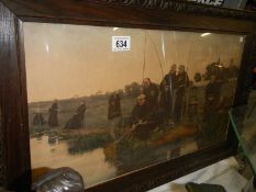An early 20th century framed and glazed print featuring Monks fishing in a river. COLLECT ONLY.
