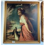 A gilt framed print of a lady with a dog, COLLECT ONLY.