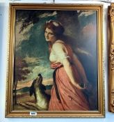 A gilt framed print of a lady with a dog, COLLECT ONLY.