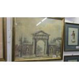 A framed and glaced Grecian architectural scene, COLLECT ONLY.
