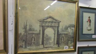 A framed and glaced Grecian architectural scene, COLLECT ONLY.