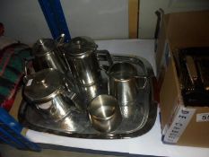 A large box of assorted cutlery and a stainless steel tea set on tray, COLLECT ONLY.