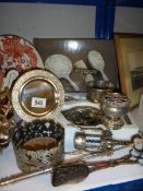 A mixed lot of silver plate including boxed dressing table set.