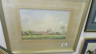 A framed and glazed watercolour with castle ruins. COLLECT ONLY.