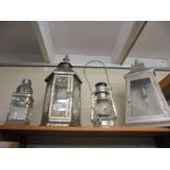 A hurricane lamp and three lanterns, COLLECT ONLY.