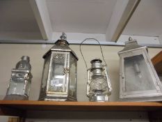 A hurricane lamp and three lanterns, COLLECT ONLY.