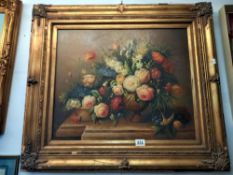 A gilt framed still life oil on canvas on flowers, COLLECT ONLY.