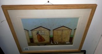 A framed and glazed beach hut scene, COLLECT ONLY.