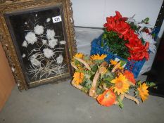 An early framed flowers collage and other artificial flowers, COLLECT ONLY.