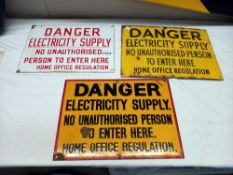 3 vintage enamel danger electricity supply warning signs