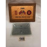 A Rolls Royce 1969 Good Will Tour of USA plaque and a RR Aero Engine school glass dish.