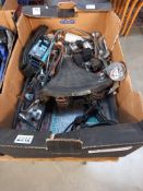 A box of vintage bicycle parts including Lycett saddle, rack stands & speedo etc. COLLECT ONLY