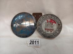 An Internation Motor Cyclists tour club and a Eboracum Motor Club car badges.