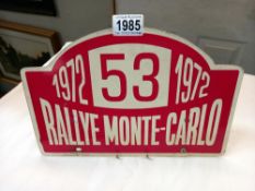 A 1972 car No: 53 rally Monte-Carlo plaque off a Citroen DS23