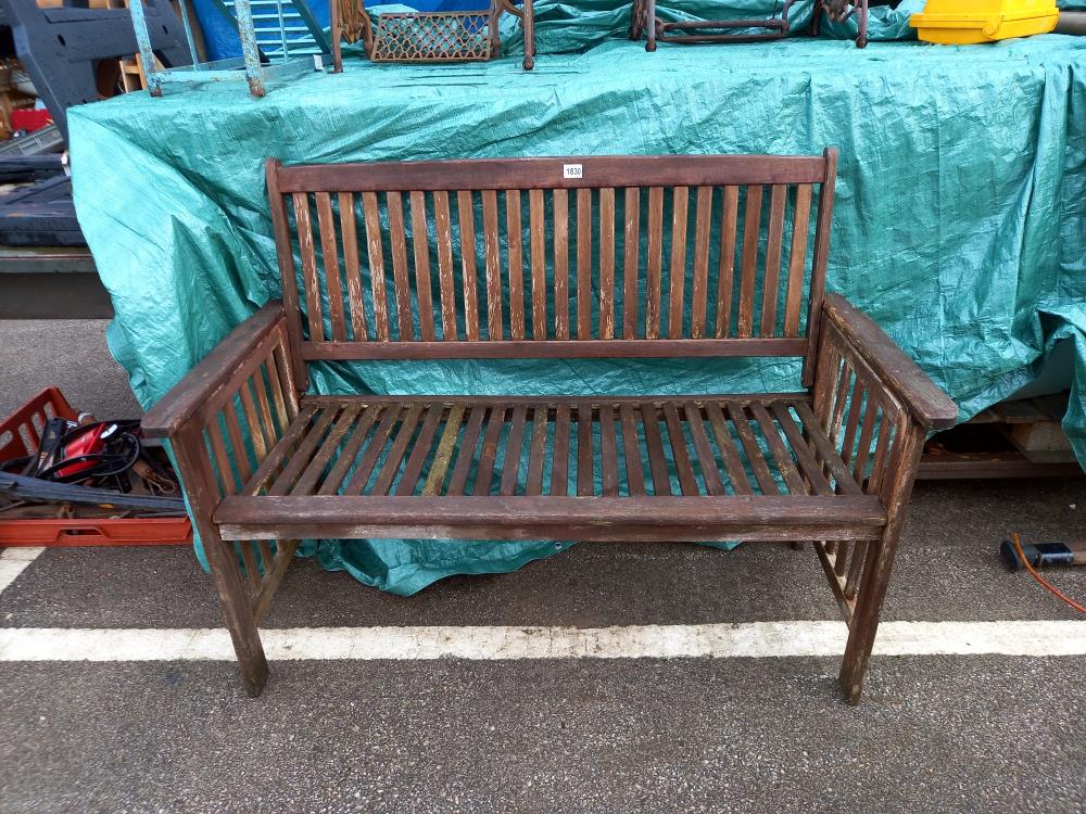 A good weathered outside garden bench, 129 x 90 cm. COLLECT ONLY.