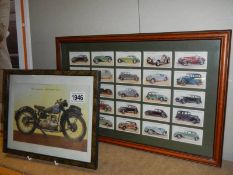 A framed Players reproduction motor cars card set and a print of a 1947 Douglas 348cc model T35.