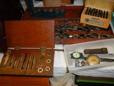 A quantity of sockets, stamps, dial gauge, taps/dies etc., COLLECT ONLY.