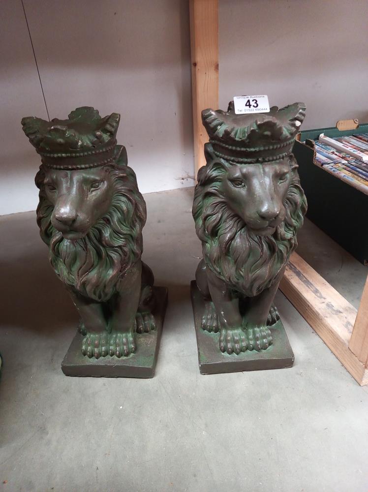 A pair of Verdigris green lion cement/concrete garden ornaments COLLECT ONLY