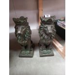 A pair of Verdigris green lion cement/concrete garden ornaments COLLECT ONLY