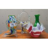 5 pieces of coloured art glass including handkerchief bowl, Romanian glass fish vase, basket etc