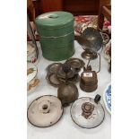 A mixed lot including bell, silver plate & enamel chamber sticks etc. COLLECT ONLY