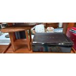 A vintage metal deed box & a vintage teak stool COLLECT ONLY