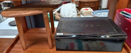 A vintage metal deed box & a vintage teak stool COLLECT ONLY