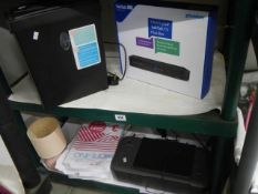Two shelves of office items including shredder, printer, paper etc., COLLECT ONLY.