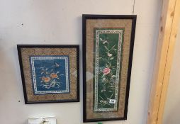 Two framed and glazed embroideries on silk, COLLECT ONLY