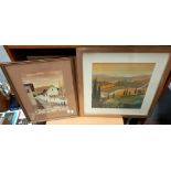 A gilt framed water colour of a Mediterranean street scene and a print of countryside