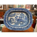 A Victorian blue & white willow pattern meat plate