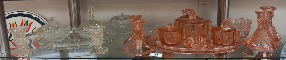 An art deco pink glass dressing table trinket set & 1 other COLLECT ONLY