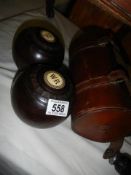 A pair of lawn bowls marked W R.