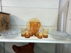 A vintage amber glass drinks set, cake stand etc COLLECT ONLY