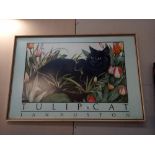 A large framed print of a black cat Tulip cat Jan Hurston COLLECT ONLY
