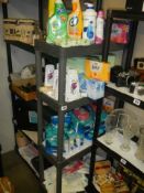 Five shelves of assorted household cleaning items etc., COLLECT ONLY.