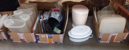 A good lot of kitchenalia including Tupperware storage containers, enamel roasting tin etc COLLECT